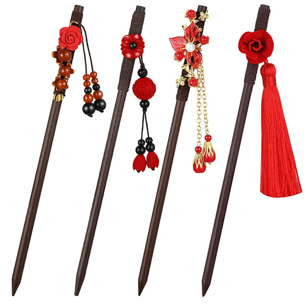 Women Vintage Wooden Hair Stick Chopsticks Hairpin Pin Handmade Rhinestone 